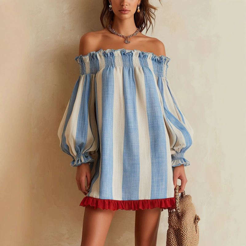 Off Shoulder Puff Sleeve Sundress - 2026 Damska sukienka odkrywająca ramiona, niebiesko-beżowa