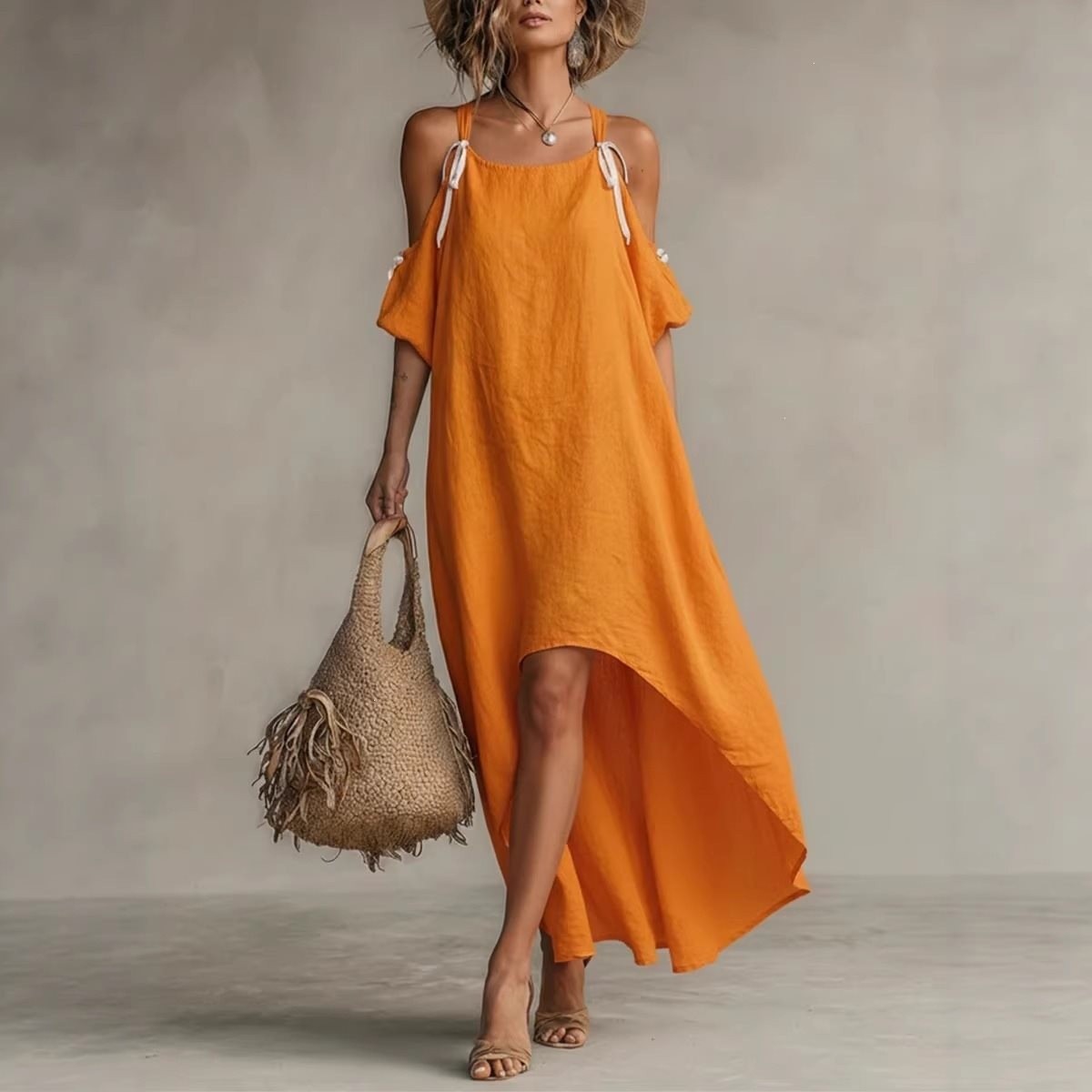 Off Shoulder Puff Sleeve Sundress - Letnia sukienka damska z bufiastymi rękawami,