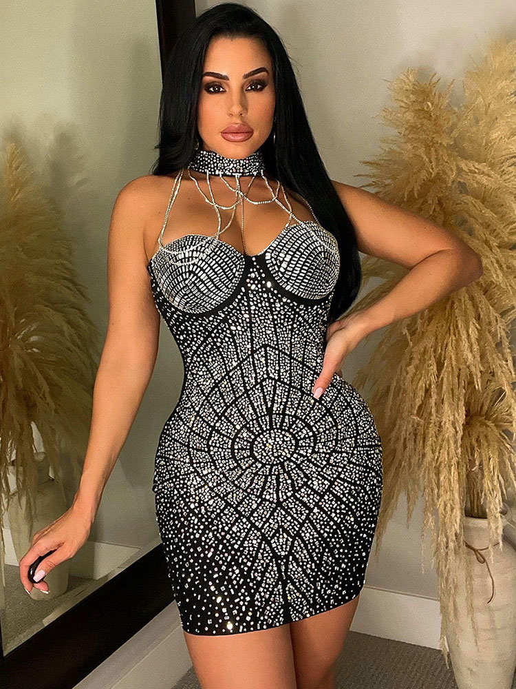 Sparkly Rhinestone Club Party Dress - Doyerl Błyszcząca Sukienka Urodzinowa z Cyrkoniami