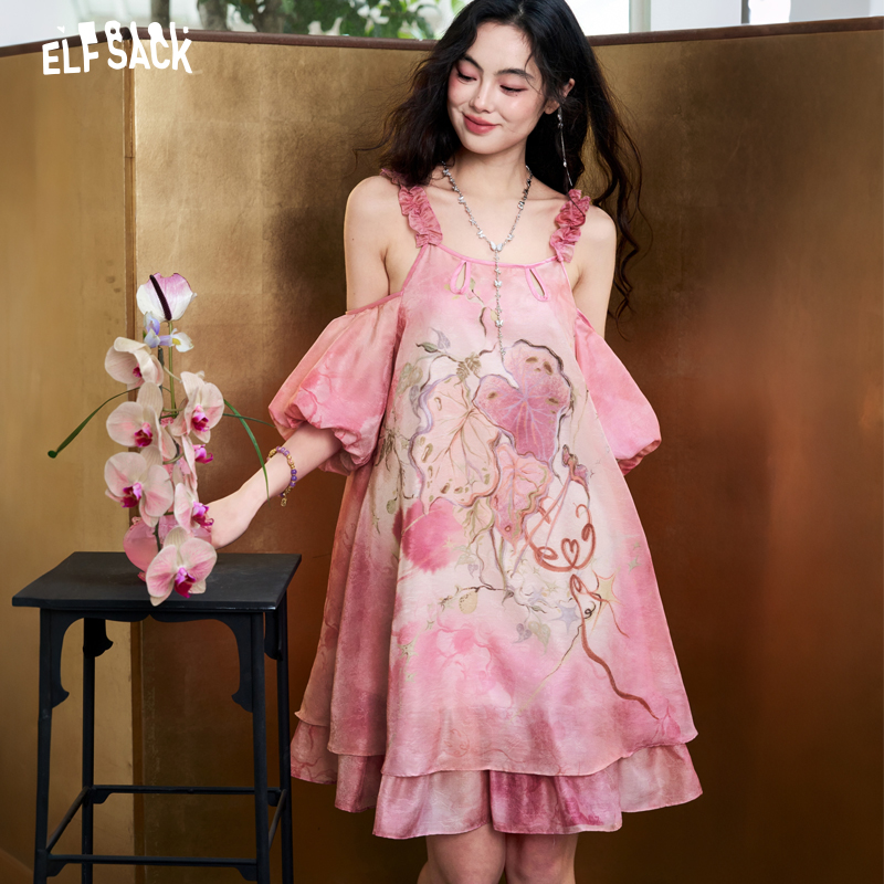 Off Shoulder Puff Sleeve Sundress - Sukienka damska ELFSACK, szyfonowa, żakardowa, tie-dye,