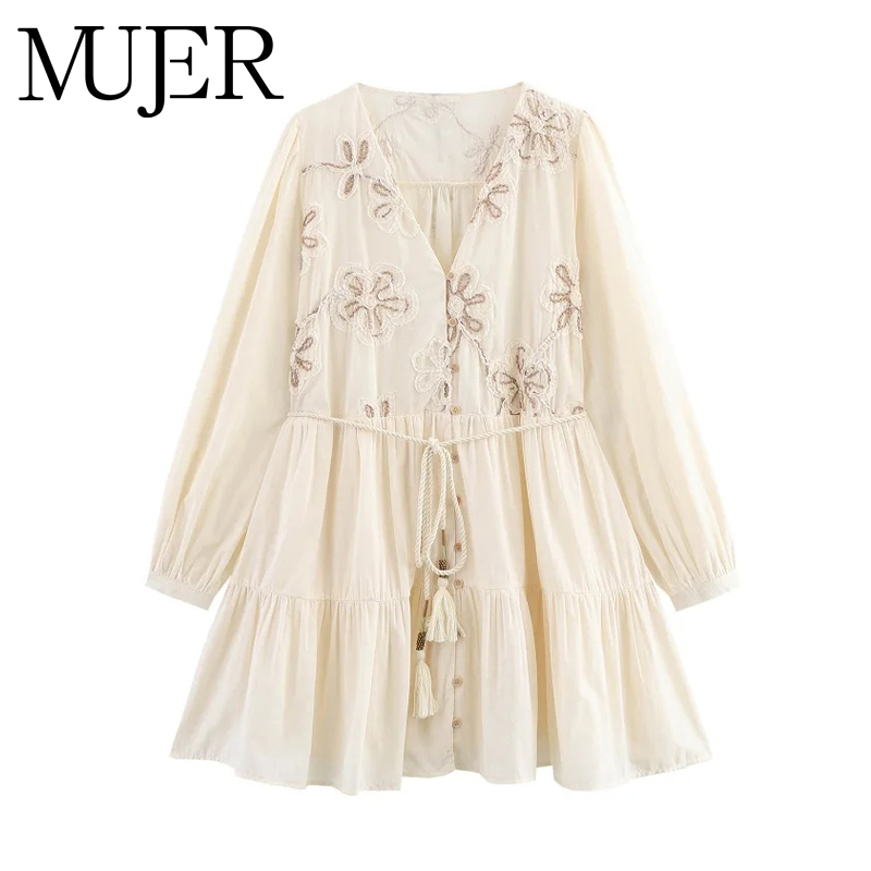Boho Summer Beach Maxi Dress - MUJER Sukienka Mini z Haftem Kwiatowym