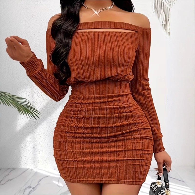 Bodycon Long Sleeve Ribbed Dress - Damska Sukienka Modna Wiosna Jesień Elegancka