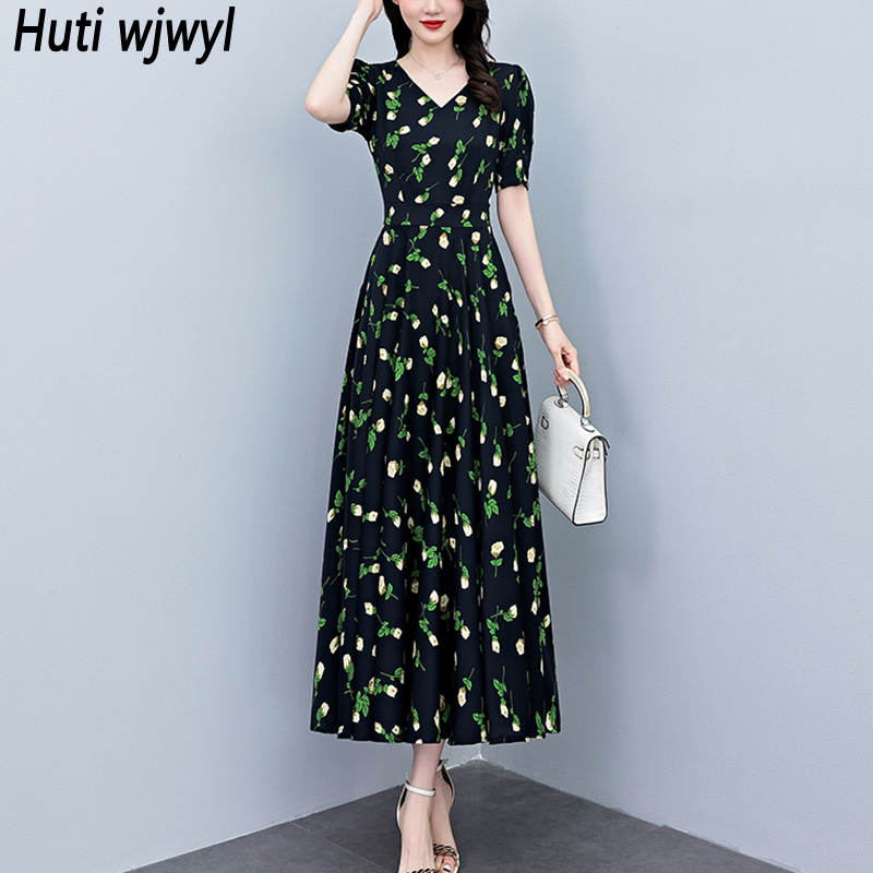 French Vintage Floral Midi Dress - Letnie sukienki midi z krótkim rękawem,