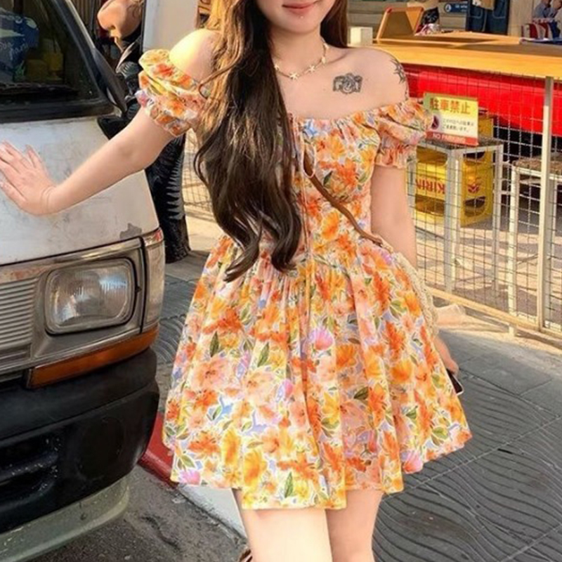 Off Shoulder Puff Sleeve Sundress - Damska pomarańczowa sukienka mini z kwiatowym