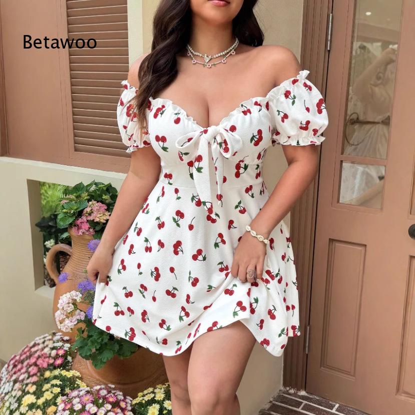 Off Shoulder Puff Sleeve Sundress - Damska sukienka mini z odkrytymi ramionami,