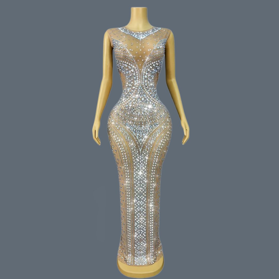 Sparkly Rhinestone Club Party Dress - Damska błyszcząca sukienka wieczorowa bez rękawów