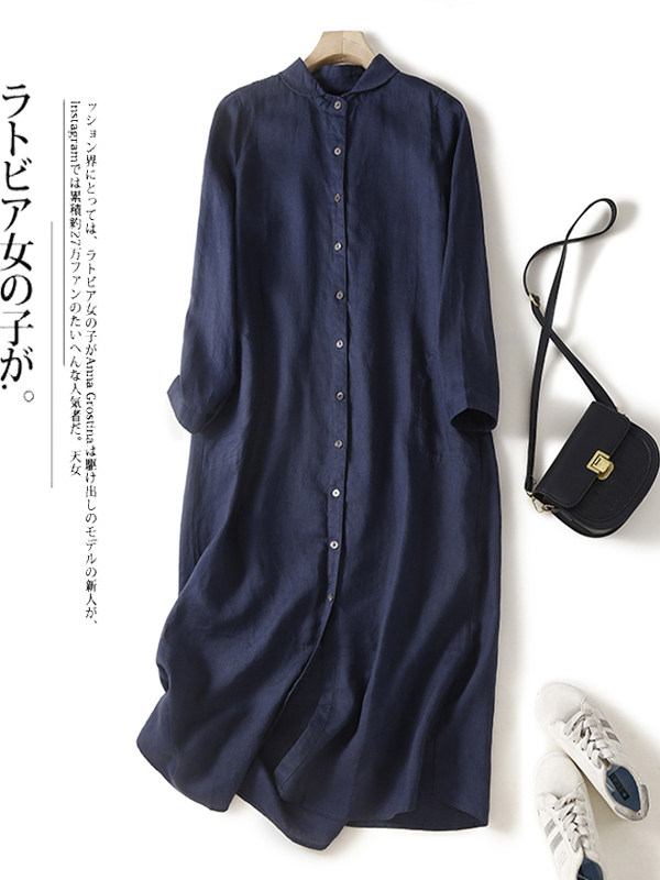 Casual Loose Linen Shirt Dress - Luźna sukienka koszulowa z bawełny i