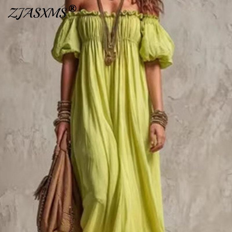 Off Shoulder Puff Sleeve Sundress - Damska elastyczna sukienka letnia z odkrytymi