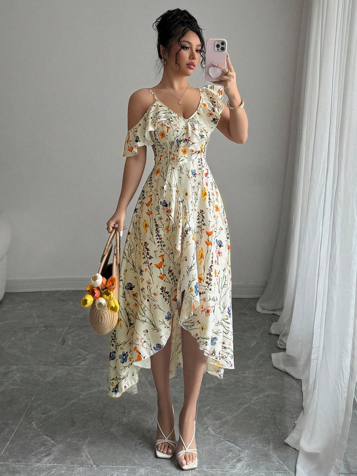 French Vintage Floral Midi Dress - Damska sukienka w kwiatowy wzór, nieregularny