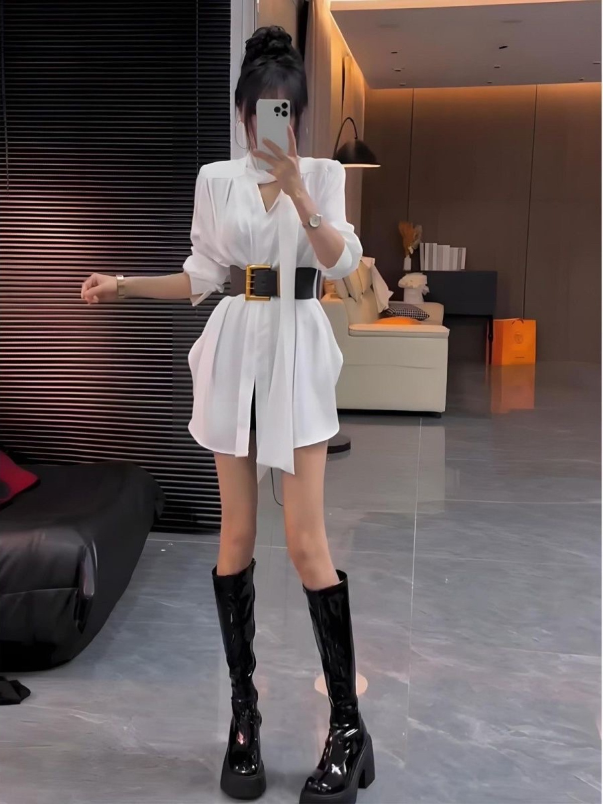 Korean Style A Line Shirt Dress - Biała jedwabna sukienka koszulowa damska jesienna