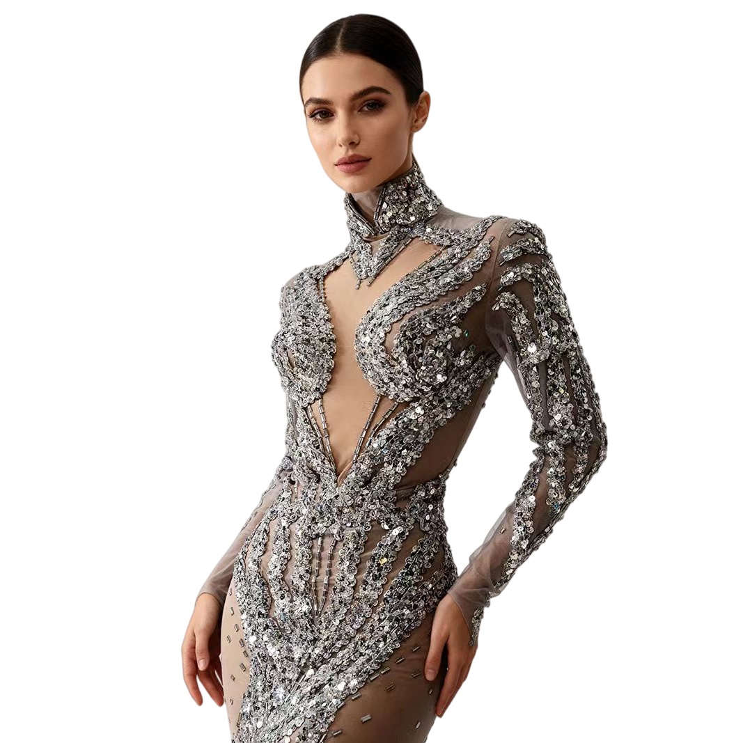 Sparkly Rhinestone Club Party Dress - Srebrna, błyszcząca sukienka mini bodycon z