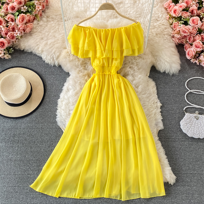 Żółta solidna damska sukienka  – Off Shoulder Puff Sleeve Sundress recenzja i cena