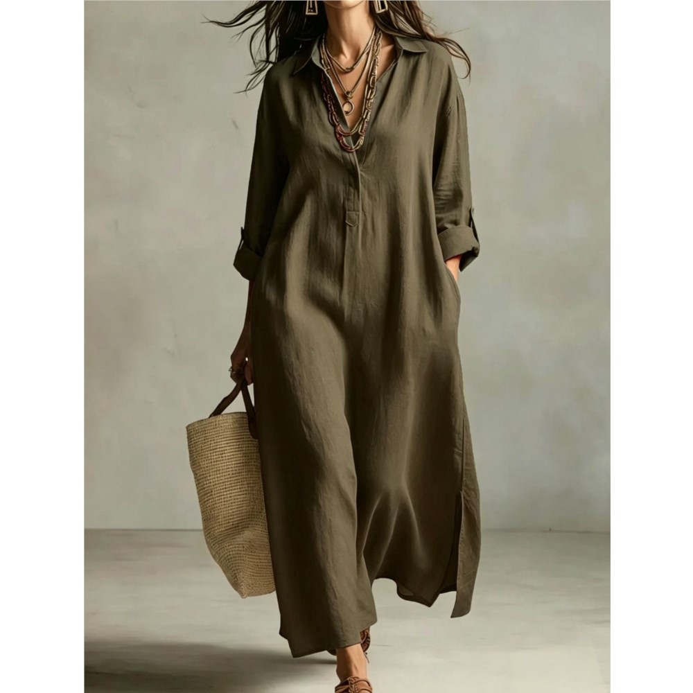 Damska lniana sukienka koszulo – Casual Loose Linen Shirt Dress recenzja i cena