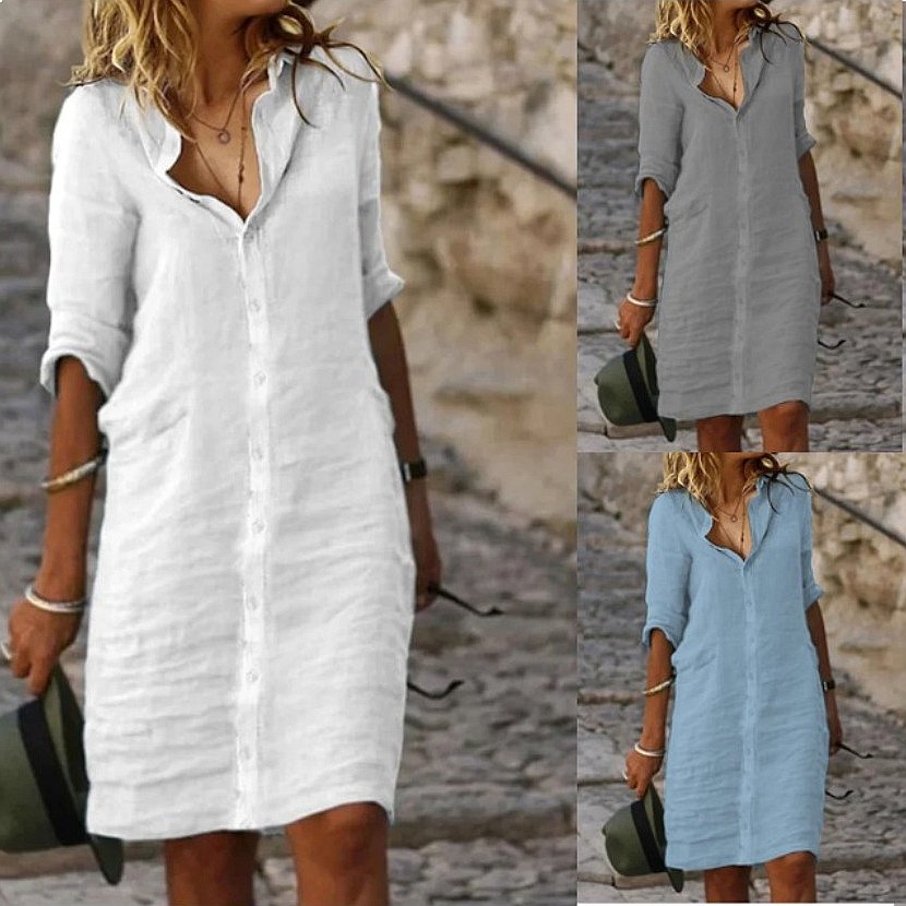 Luźna sukienka koszulowa midi  – Casual Loose Linen Shirt Dress recenzja i cena