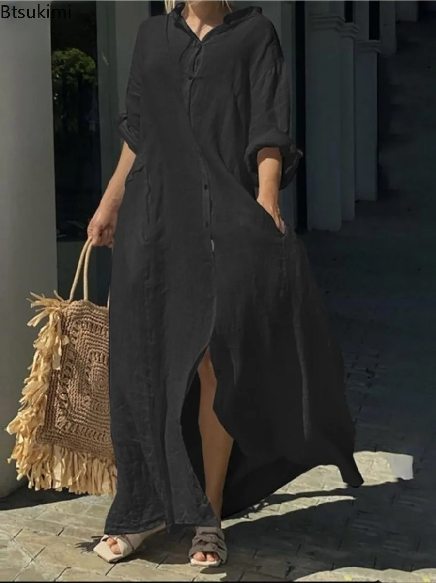 Długa sukienka damska z bawełn – Casual Loose Linen Shirt Dress recenzja i cena