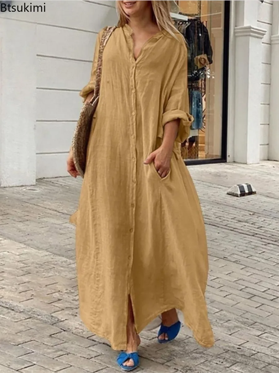 Długa sukienka damska z bawełn – Casual Loose Linen Shirt Dress recenzja i cena