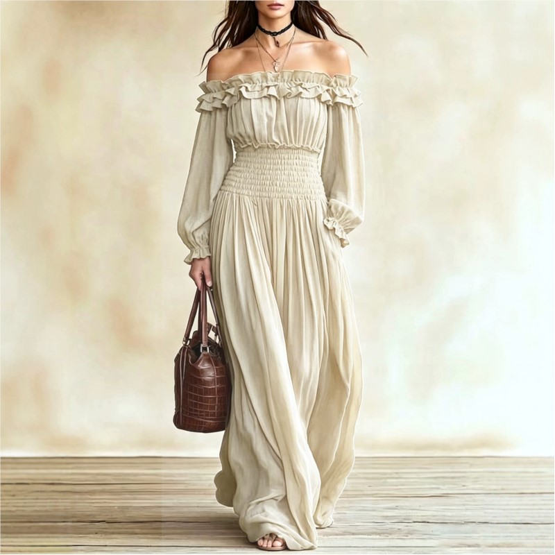 Damska sukienka maxi z odkryty – Off Shoulder Puff Sleeve Sundress recenzja i cena