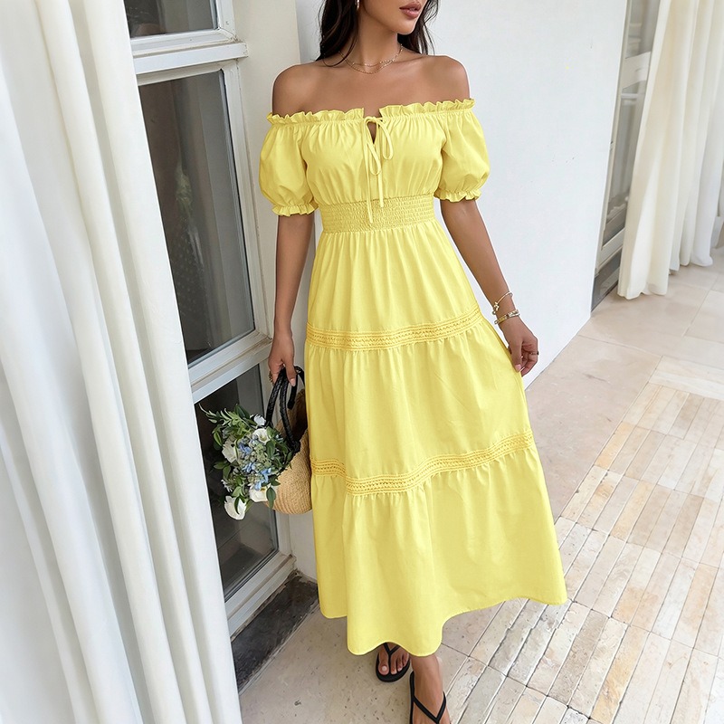 Letnia, bohemiczna, żółta suki – Off Shoulder Puff Sleeve Sundress recenzja i cena