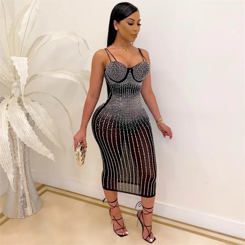 Seksowna Przezroczysta Sukienk – Sparkly Rhinestone Club Party Dress recenzja i cena