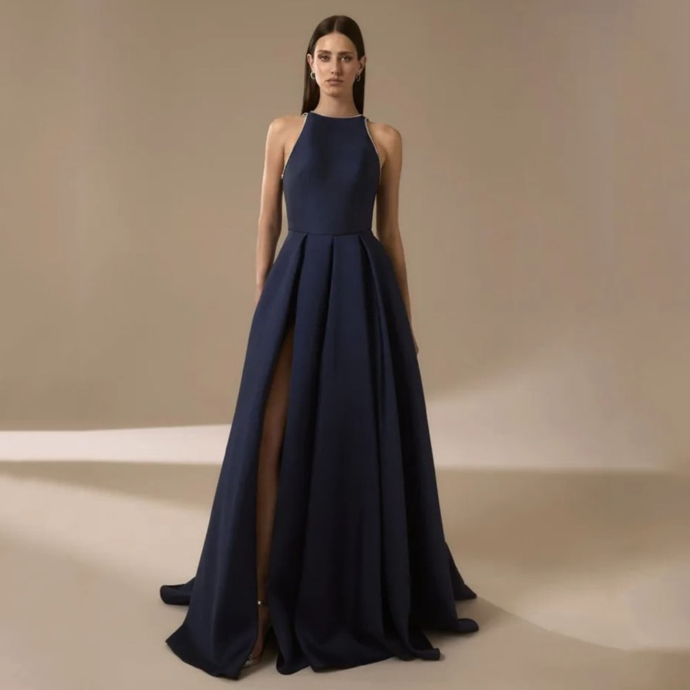 Granatowe satynowe suknie wiec – Elegant Satin Evening Gown Split recenzja i cena