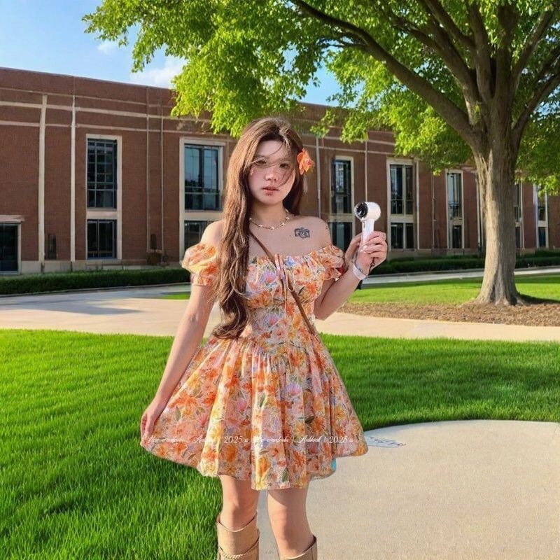 Wyprzedaż! Pomarańczowa sukien – Off Shoulder Puff Sleeve Sundress recenzja i cena