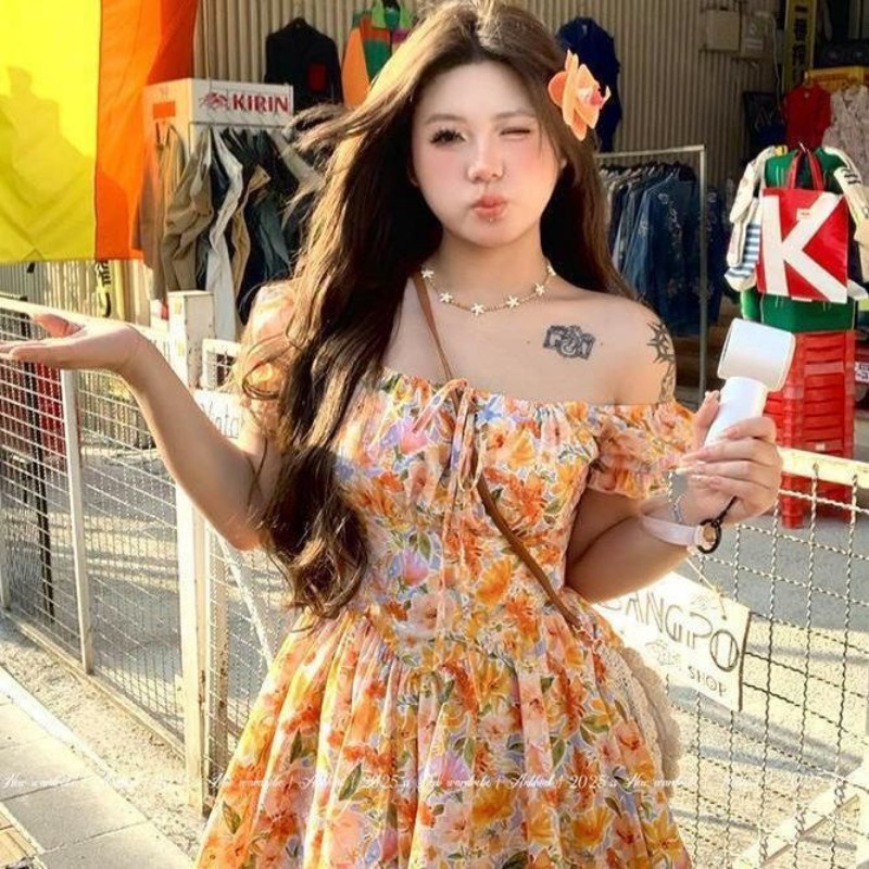 Wyprzedaż! Pomarańczowa sukien – Off Shoulder Puff Sleeve Sundress recenzja i cena